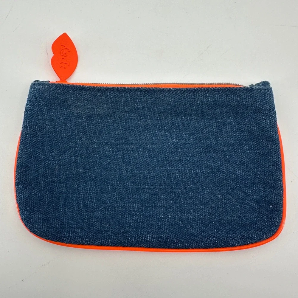 Ipsy Denim Makeup Bag Neon Orange Trim Lip Zipper Pull Cosmetic Pouch